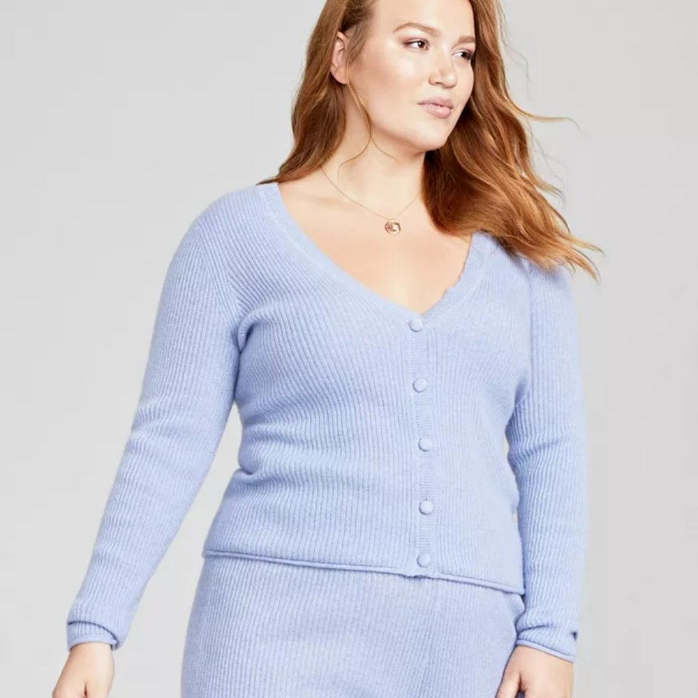 NWT Charter Club Luxury Womens Blue Lupine Cashmere Ribbed V Neck Top 0X PLUS